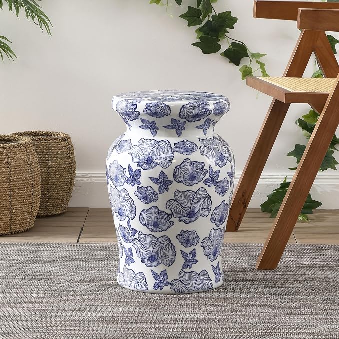 JONATHAN Y Poppies 17.75" Ceramic Drum Garden Stool, Traditional White and Blue Floral Chinoiserie Indoor/Outdoor Side Table, Plant Stand, Patio, White/Blue TBL1018A
