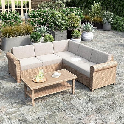 HERA'S HOUSE 6 Piece Patio Furniture Set, Outdoor Sectional Wicker Sofa with 44" Coffee Table, 5.5" Thick Waterproof Cushion All Weather 5 Seats Modular Conversation Set for Garden Deck Backyard