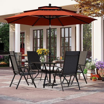 PHI VILLA 5 Pcs Patio Dining Set with Umbrella (Orange Red), Outdoor Table and Chairs Set with Folding Patio Chairs Adjustable & Square Metal Dining Table for Yard, Garden and Deck