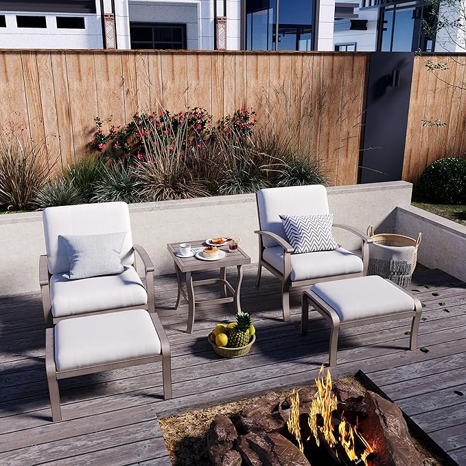 HAPPATIO 5 Piece Aluminum Outdoor Patio Furniture Set, Patio Chairs with Ottomans and Side Table, Balcony Furniture, Patio Conversation Set for Porch Garden (Gray)