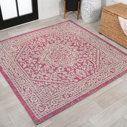 JONATHAN Y Medallion Weave Indoor Outdoor Square Area Rug 5X5 Fuchsia/Light Gray, Sinjuri Textured for Backyard, Patio, Porch, Easy-Cleaning, High Traffic, Pet-Friendly, Non-Shedding (SMB101G-5SQ)