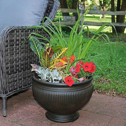 Sunnydaze Elizabeth 15" Double-Walled Polyresin Outdoor Ribbed Urn Planter - UV-Resistant Rust Finish