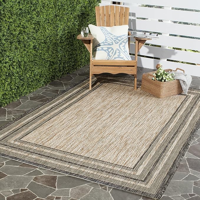 SAFAVIEH Washable Rug Outdoor Courtyard Collection - 5'3" Square, Natural & Black, Non-Shedding & Easy Cleaning, Ideal for Patio, Backyard, Mudroom (CY8475-37312)
