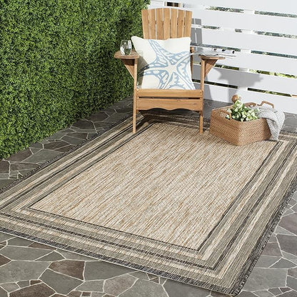 SAFAVIEH Washable Rug Outdoor Courtyard Collection - 5'3" Square, Natural & Black, Non-Shedding & Easy Cleaning, Ideal for Patio, Backyard, Mudroom (CY8475-37312)