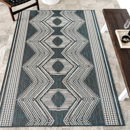 nuLOOM 4' x 6' Outdoor Tribal Geometric Area Rug, Stain Resistant, Weather Resistant, High Traffic, Patio, Balcony, Outside, Ranya Turquoise