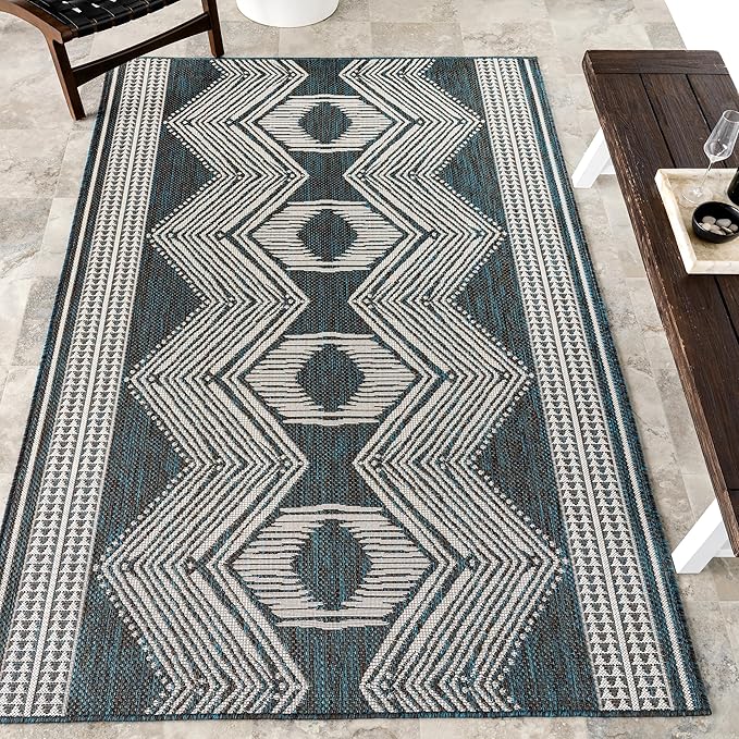 nuLOOM 5' x 8' Outdoor Tribal Geometric Area Rug, Stain Resistant, Weather Resistant, High Traffic, Patio, Balcony, Outside, Ranya Turquoise