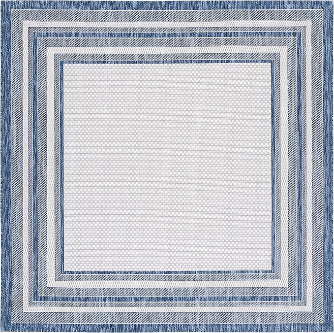 SAFAVIEH Washable Rug Outdoor Courtyard Collection - 10' Square, Ivory & Navy, Non-Shedding & Easy Cleaning, Ideal for Patio, Backyard, Mudroom (CY8475-53412)