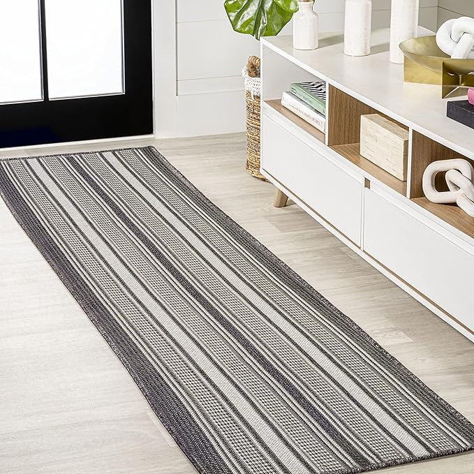 JONATHAN Y Double Stripe Indoor Outdoor Runner Rug 2X8 Black/Cream, Haynes Modern for Backyard, Patio, Porch, Easy-Cleaning, High Traffic, Pet-Friendly, Non-Shedding (SMB202B-28)