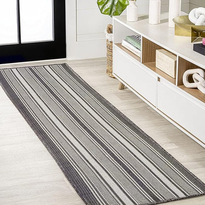 JONATHAN Y Double Stripe Indoor Outdoor Runner Rug 2X8 Black/Cream, Haynes Modern for Backyard, Patio, Porch, Easy-Cleaning, High Traffic, Pet-Friendly, Non-Shedding (SMB202B-28)