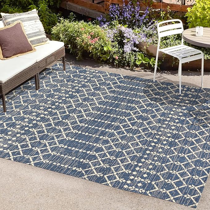 JONATHAN Y Moroccan Geometric Indoor Outdoor Area Rug 9X12 Navy/Beige, Ourika Textured Weave for Backyard, Patio, Porch, Easy-Cleaning, High Traffic, Pet-Friendly, Non-Shedding (SMB108K-9)