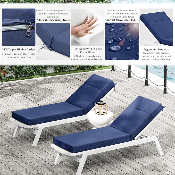 Chaise Lounge Cushion for Outdoor Furniture, Waterproof Fade and Tear Resistant Lounge Deck Chair Cushions for Patio Lawn Pool Resort Hotel