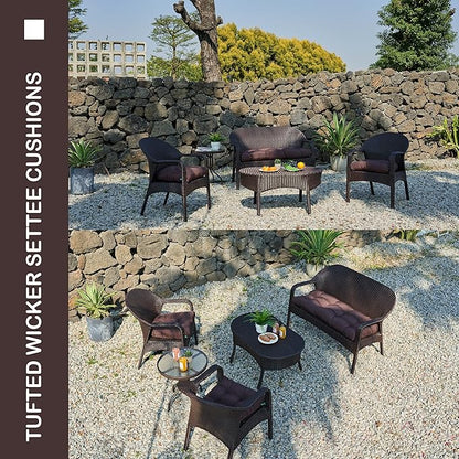 Outdoor/Indoor All Weather Tufted Wicker Chair Cushions of 3 Pieces, 1 Loveseat and 2 U-Shape Waterproof Cushions for Patio Furniture,Wicker Loveseat,Bench-Coffee