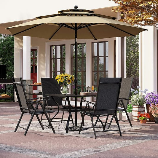 PHI VILLA 5 Piece Patio Dining Set with 10FT Umbrella (Beige), Outdoor Table and Chairs Set with Patio Folding Dining Chairs & Metal Square Dining Table for Yard Garden Deck