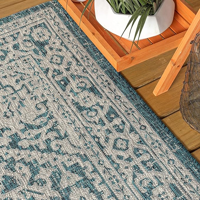 JONATHAN Y Medallion Weave Indoor Outdoor Area Rug 3X5 Teal Blue/Gray, Sinjuri Textured for Backyard, Patio, Porch, Easy-Cleaning, High Traffic, Pet-Friendly, Non-Shedding (SMB101C-3)