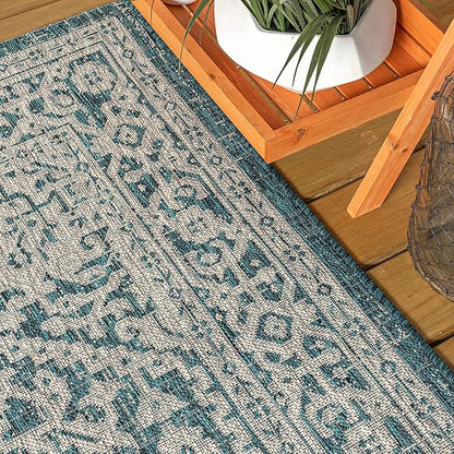 JONATHAN Y Medallion Weave Indoor Outdoor Area Rug 3X5 Teal Blue/Gray, Sinjuri Textured for Backyard, Patio, Porch, Easy-Cleaning, High Traffic, Pet-Friendly, Non-Shedding (SMB101C-3)