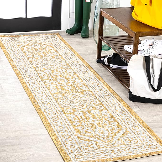 JONATHAN Y Medallion Weave Indoor Outdoor Runner Rug 2X10 Yellow/Cream, Sinjuri Textured for Backyard, Patio, Porch, Easy-Cleaning, High Traffic, Pet-Friendly, Non-Shedding (SMB101I-210)