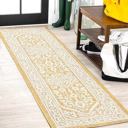 JONATHAN Y Medallion Weave Indoor Outdoor Runner Rug 2X10 Yellow/Cream, Sinjuri Textured for Backyard, Patio, Porch, Easy-Cleaning, High Traffic, Pet-Friendly, Non-Shedding (SMB101I-210)