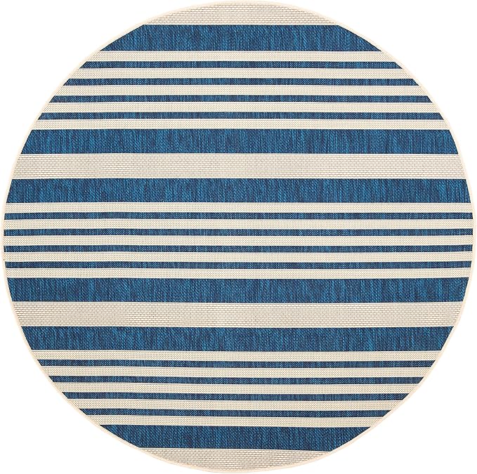 SAFAVIEH Washable Rug Outdoor Courtyard Collection - 5'3" Round, Navy & Beige, Non-Shedding & Easy Cleaning, Ideal for Patio, Backyard, Mudroom (CY6062-268)