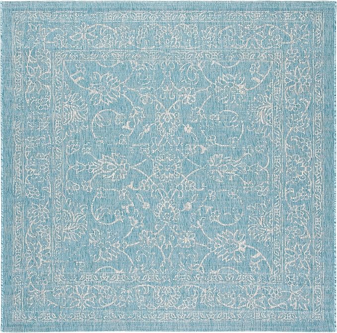 SAFAVIEH Washable Rug Outdoor Courtyard Collection - 5'3" Square, Aqua Blue & Grey, Non-Shedding & Easy Cleaning, Ideal for Patio, Backyard, Mudroom (CY8680-37121)