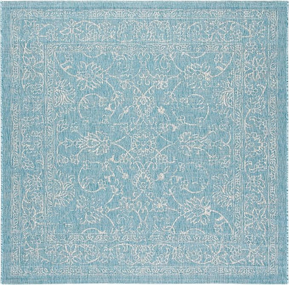 SAFAVIEH Washable Rug Outdoor Courtyard Collection - 5'3" Square, Aqua Blue & Grey, Non-Shedding & Easy Cleaning, Ideal for Patio, Backyard, Mudroom (CY8680-37121)