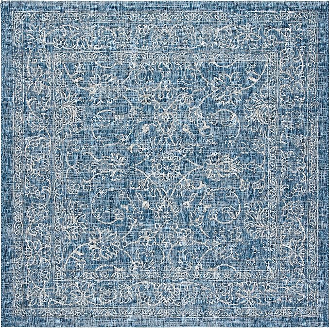 SAFAVIEH Washable Rug Outdoor Courtyard Collection - 6'7" Square, Navy & Ivory, Non-Shedding & Easy Cleaning, Ideal for Patio, Backyard, Mudroom (CY8680-36821)