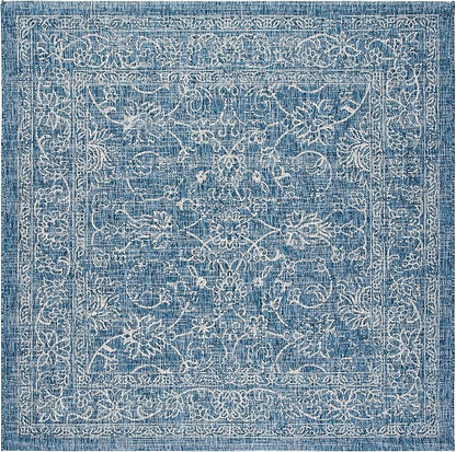SAFAVIEH Washable Rug Outdoor Courtyard Collection - 7'10" Square, Navy & Ivory, Non-Shedding & Easy Cleaning, Ideal for Patio, Backyard, Mudroom (CY8680-36821)