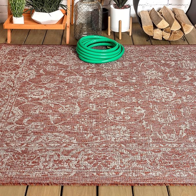 JONATHAN Y Weave Floral Indoor Outdoor Area Rug 5X8 Red/Taupe, Tela Bohemian Textured for Backyard, Patio, Porch, Easy-Cleaning, High Traffic, Pet-Friendly, Non-Shedding (SMB100A-5)