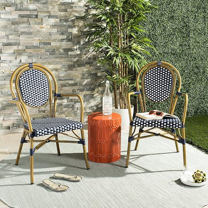 SAFAVIEH PAT4014A-SET2 Outdoor Collection Rosen Navy and White French Bistro Stacking Arm Chair