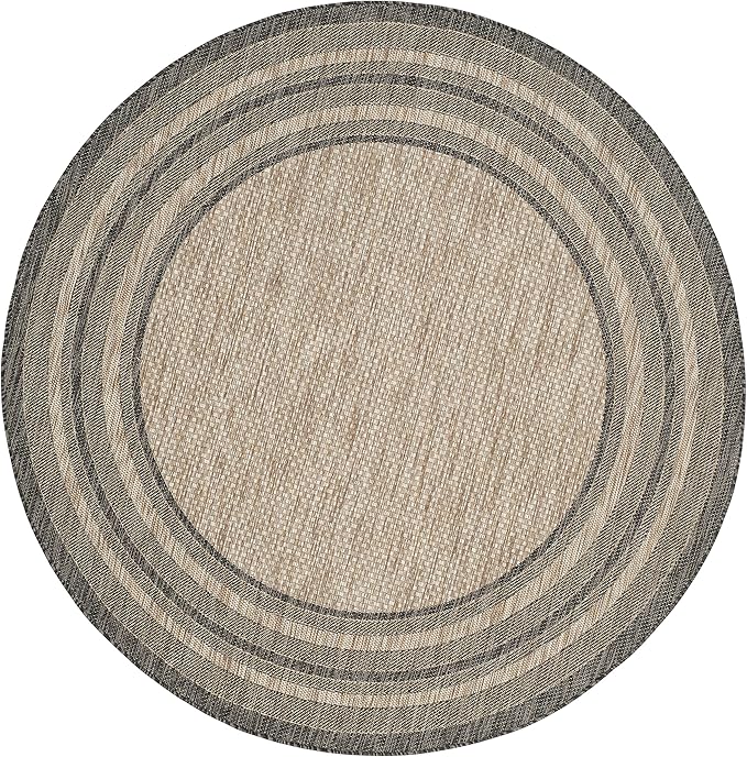 SAFAVIEH Washable Rug Outdoor Courtyard Collection - 7'10" Round, Natural & Black, Non-Shedding & Easy Cleaning, Ideal for Patio, Backyard, Mudroom (CY8475-37312)