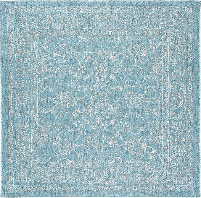 SAFAVIEH Washable Rug Outdoor Courtyard Collection - 7'10" Square, Aqua Blue & Grey, Non-Shedding & Easy Cleaning, Ideal for Patio, Backyard, Mudroom (CY8680-37121)