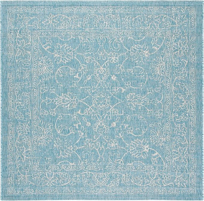 SAFAVIEH Washable Rug Outdoor Courtyard Collection - 7'10" Square, Aqua Blue & Grey, Non-Shedding & Easy Cleaning, Ideal for Patio, Backyard, Mudroom (CY8680-37121)