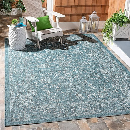 SAFAVIEH Washable Rug Outdoor Courtyard Collection - 5'3" Square, Turquoise, Non-Shedding & Easy Cleaning, Ideal for Patio, Backyard, Mudroom (CY8680-37221)