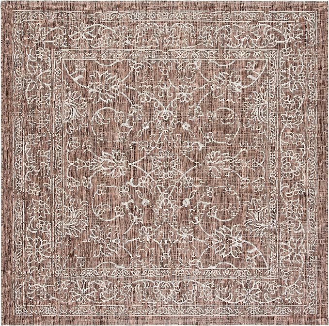 SAFAVIEH Washable Rug Outdoor Courtyard Collection - 5'3" Square, Brown & Ivory, Non-Shedding & Easy Cleaning, Ideal for Patio, Backyard, Mudroom (CY8680-36321)