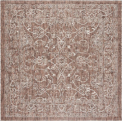 SAFAVIEH Washable Rug Outdoor Courtyard Collection - 5'3" Square, Brown & Ivory, Non-Shedding & Easy Cleaning, Ideal for Patio, Backyard, Mudroom (CY8680-36321)