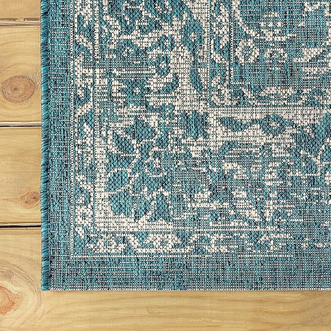 JONATHAN Y Weave Floral Indoor Outdoor Square Area Rug 5X5 Teal/Gray, Tela Bohemian Textured for Backyard, Patio, Porch, Easy-Cleaning, High Traffic, Pet-Friendly, Non-Shedding (SMB100C-5SQ)