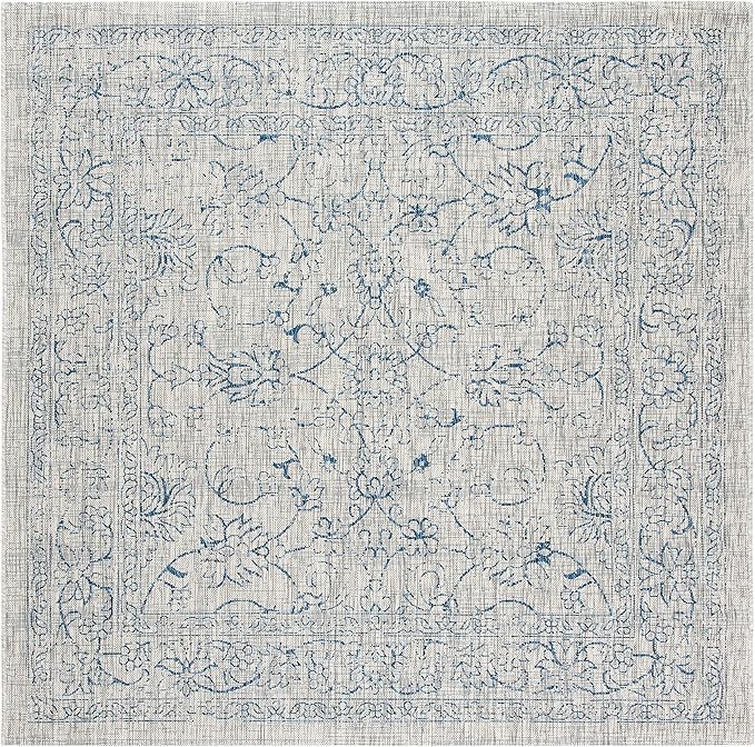 SAFAVIEH Washable Rug Outdoor Courtyard Collection - 4' Square, Grey & Navy, Non-Shedding & Easy Cleaning, Ideal for Patio, Backyard, Mudroom (CY8680-36812)