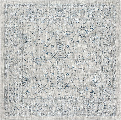 SAFAVIEH Washable Rug Outdoor Courtyard Collection - 4' Square, Grey & Navy, Non-Shedding & Easy Cleaning, Ideal for Patio, Backyard, Mudroom (CY8680-36812)