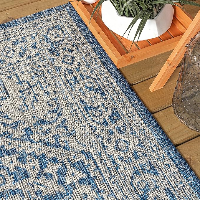 JONATHAN Y Medallion Weave Indoor Outdoor Square Area Rug 5X5 Navy/Gray, Sinjuri Textured for Backyard, Patio, Porch, Easy-Cleaning, High Traffic, Pet-Friendly, Non-Shedding (SMB101B-5SQ)