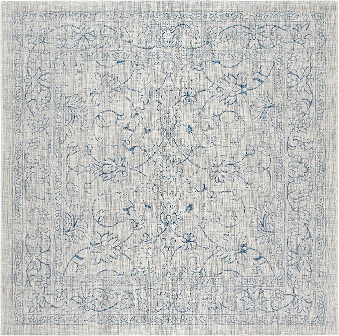 SAFAVIEH Washable Rug Outdoor Courtyard Collection - 6'7" Square, Grey & Navy, Non-Shedding & Easy Cleaning, Ideal for Patio, Backyard, Mudroom (CY8680-36812)