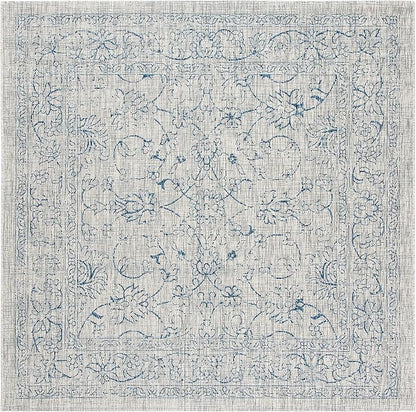 SAFAVIEH Washable Rug Outdoor Courtyard Collection - 6'7" Square, Grey & Navy, Non-Shedding & Easy Cleaning, Ideal for Patio, Backyard, Mudroom (CY8680-36812)