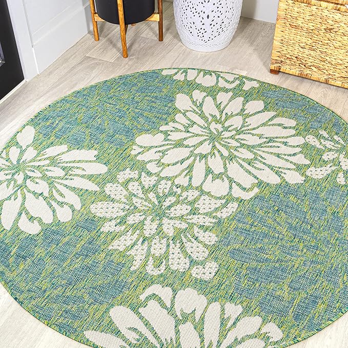JONATHAN Y Floral Textured Weave Indoor Outdoor Round Area Rug 6 Ft Cream/Green, Zinnia Modern for Backyard, Patio, Porch, Easy-Cleaning, High Traffic, Pet-Friendly, Non-Shedding (SMB110D-6R)
