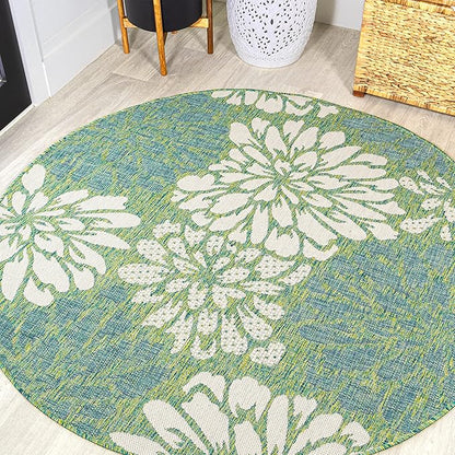 JONATHAN Y Floral Textured Weave Indoor Outdoor Round Area Rug 6 Ft Cream/Green, Zinnia Modern for Backyard, Patio, Porch, Easy-Cleaning, High Traffic, Pet-Friendly, Non-Shedding (SMB110D-6R)