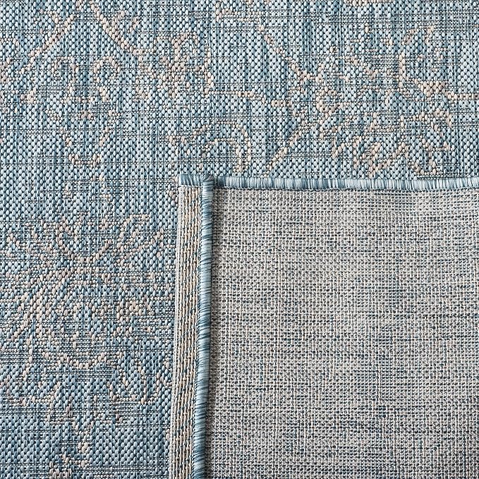 SAFAVIEH Washable Rug Outdoor Courtyard Collection - 5'3" Square, Aqua Blue & Grey, Non-Shedding & Easy Cleaning, Ideal for Patio, Backyard, Mudroom (CY8680-37121)