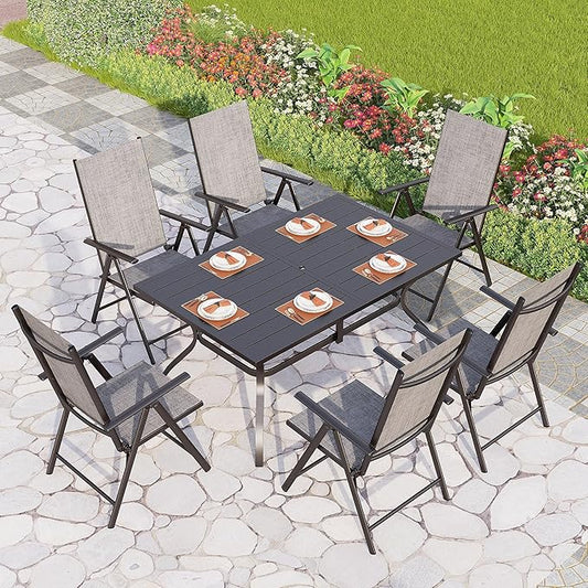 PHI VILLA 7 Piece Patio Dining Set with Outdoor Table and Chairs, Outdoor Dining Set with 6 Patio Folding Sling Chair with Armrest & 1 Rectangle Patio Dining Table with 1.57" Umbrella Hole (Grey)