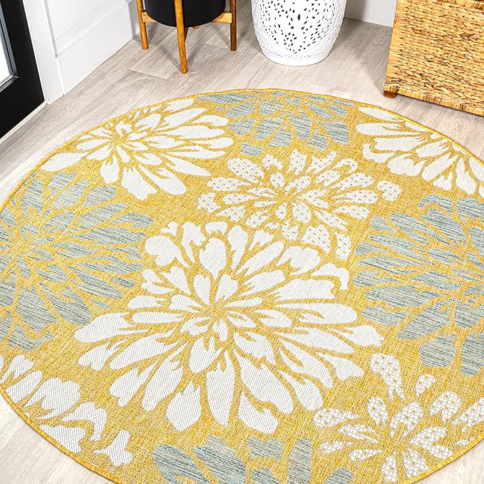 JONATHAN Y Floral Textured Weave Indoor Outdoor Round Area Rug 5 Ft Yellow/Cream, Zinnia Modern for Backyard, Patio, Porch, Easy-Cleaning, High Traffic, Pet-Friendly, Non-Shedding (SMB110G-5R)