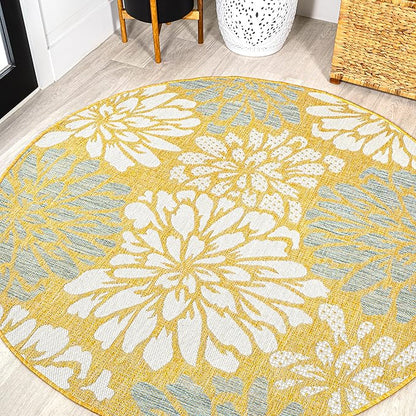 JONATHAN Y Floral Textured Weave Indoor Outdoor Round Area Rug 5 Ft Yellow/Cream, Zinnia Modern for Backyard, Patio, Porch, Easy-Cleaning, High Traffic, Pet-Friendly, Non-Shedding (SMB110G-5R)