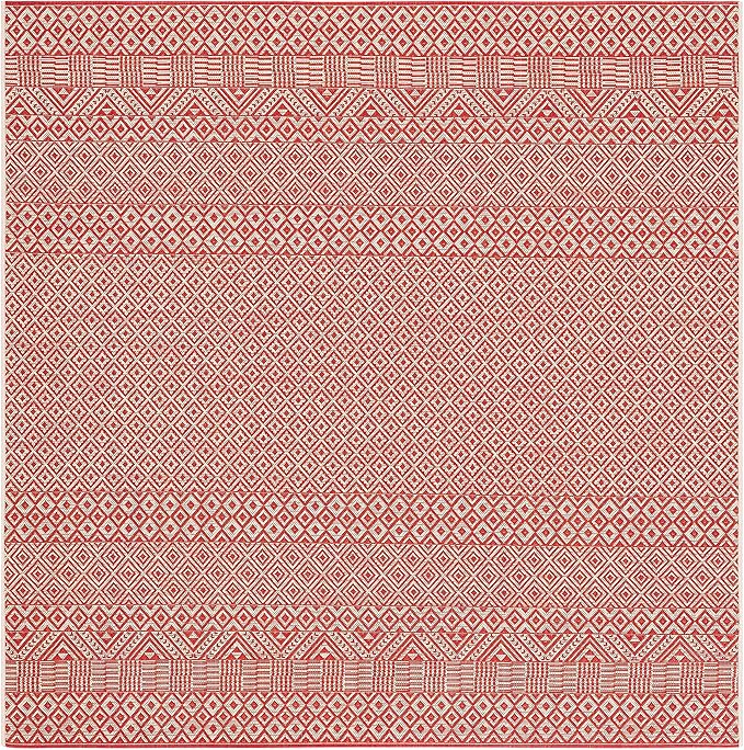 SAFAVIEH Washable Rug Outdoor Courtyard Collection - 6'7" Square, Beige & Red, Non-Shedding & Easy Cleaning, Ideal for Patio, Backyard, Mudroom (CY6235-23812)