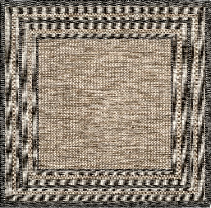 SAFAVIEH Washable Rug Outdoor Courtyard Collection - 5'3" Square, Natural & Black, Non-Shedding & Easy Cleaning, Ideal for Patio, Backyard, Mudroom (CY8475-37312)