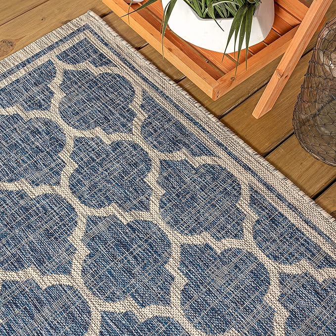 JONATHAN Y Moroccan Trellis Indoor Outdoor Square Area Rug 5X5 Navy/Gray, Trebol Textured Weave for Backyard, Patio, Porch, Easy-Cleaning, High Traffic, Pet-Friendly, Non-Shedding (SMB109D-5SQ)