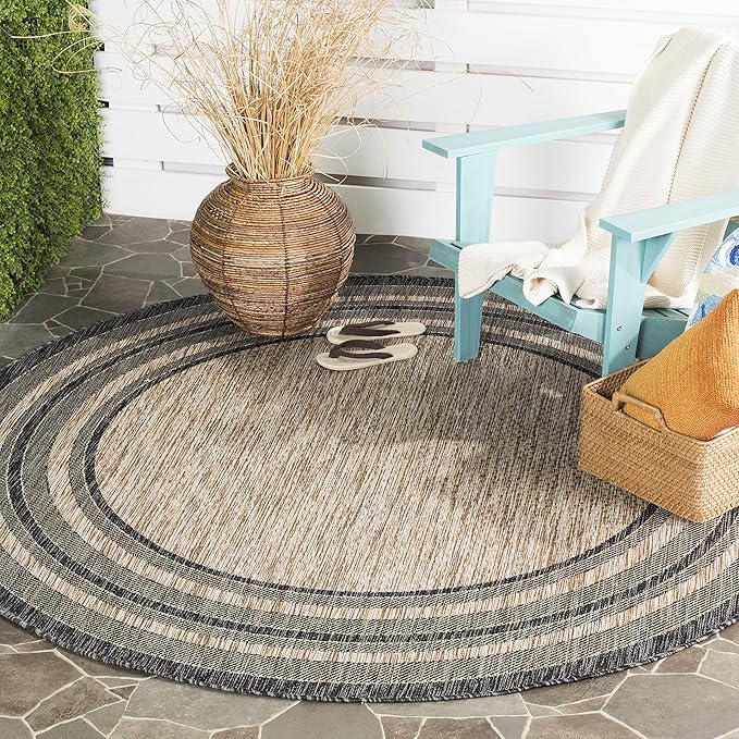 SAFAVIEH Washable Rug Outdoor Courtyard Collection - 10' Round, Natural & Black, Non-Shedding & Easy Cleaning, Ideal for Patio, Backyard, Mudroom (CY8475-37312)